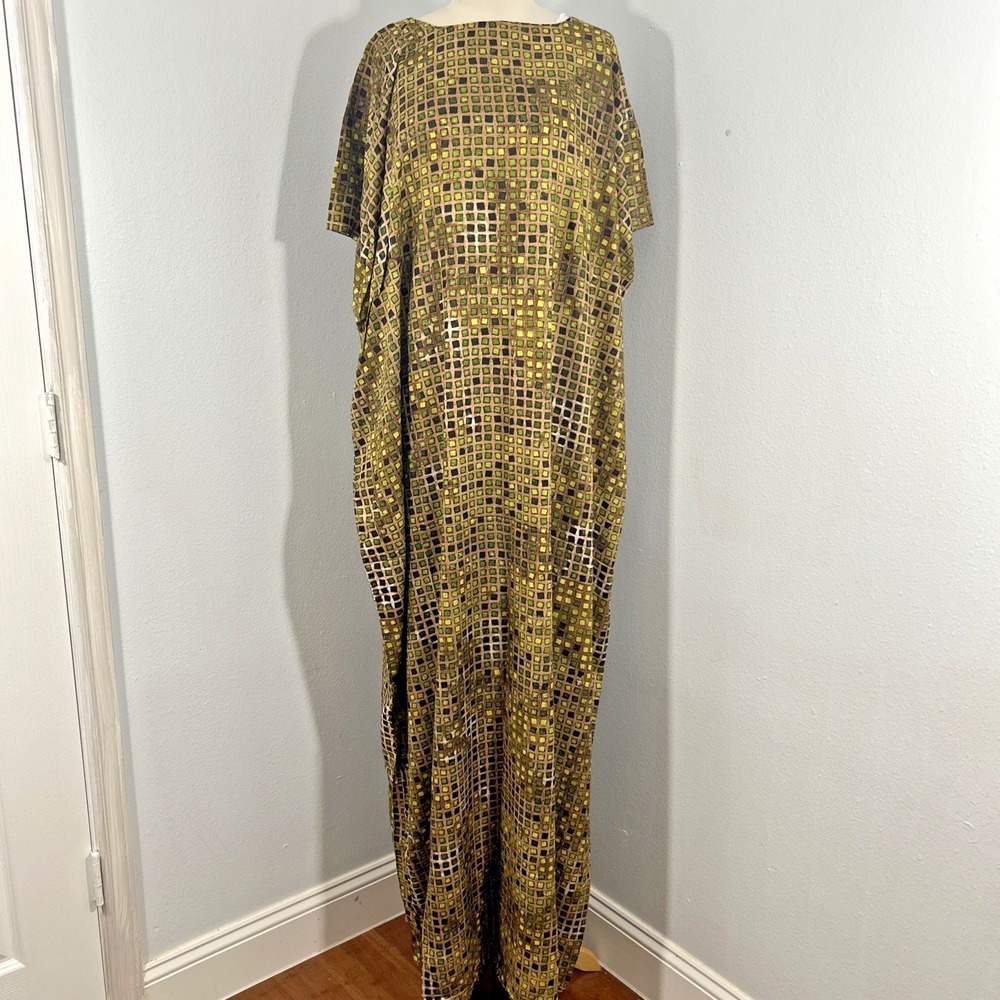 Handmade Kaftan Maxi Dress Womens OS Green Geometric Rayon Caftan Kimono Beachy‎